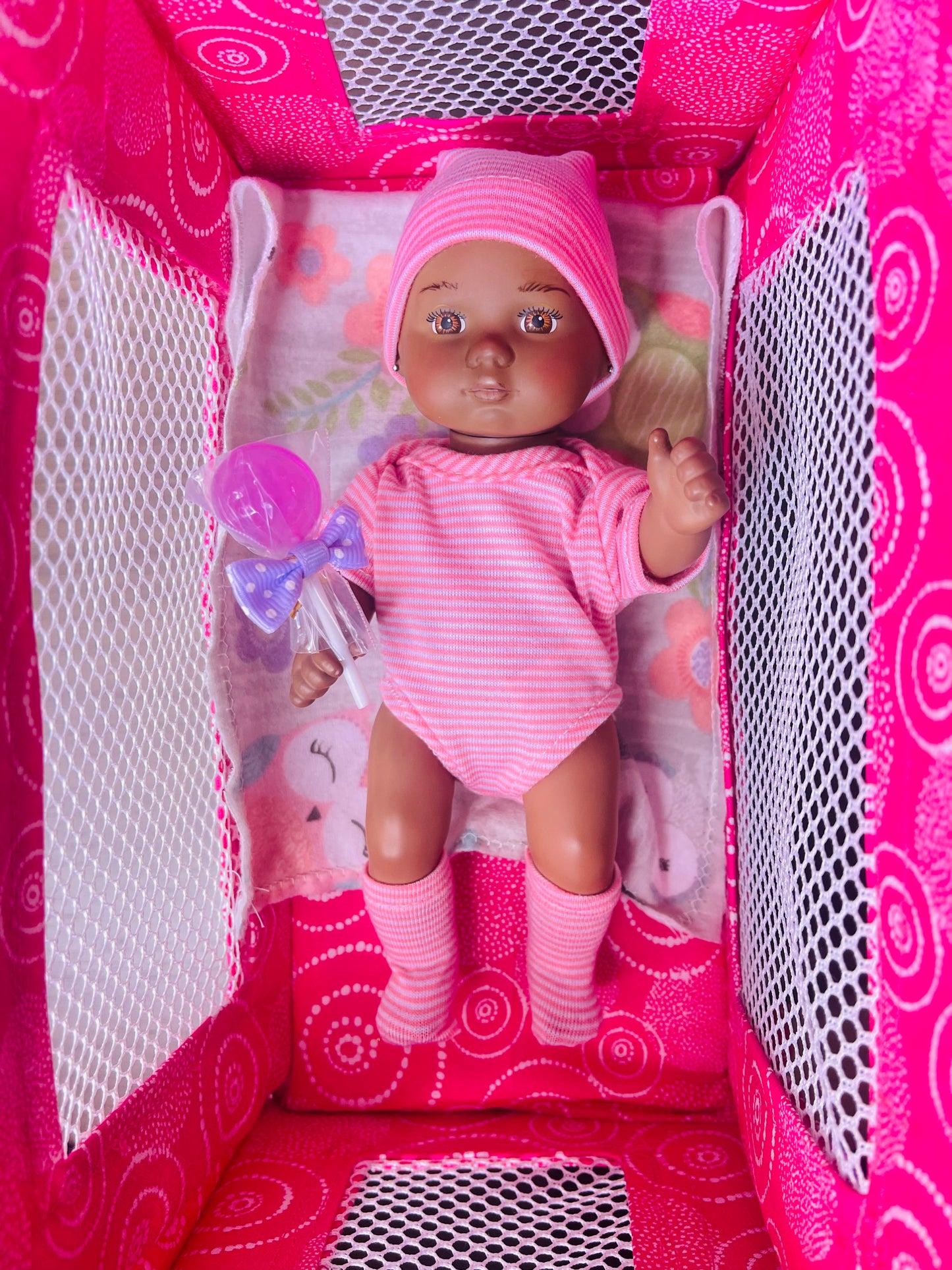 Baby 8 inch doll onesie set pink stripe